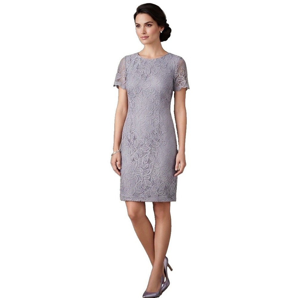 Ann Taylor Women's Petite Size 4 Gray Blue Lace Sheath Zip Dress Mid Length